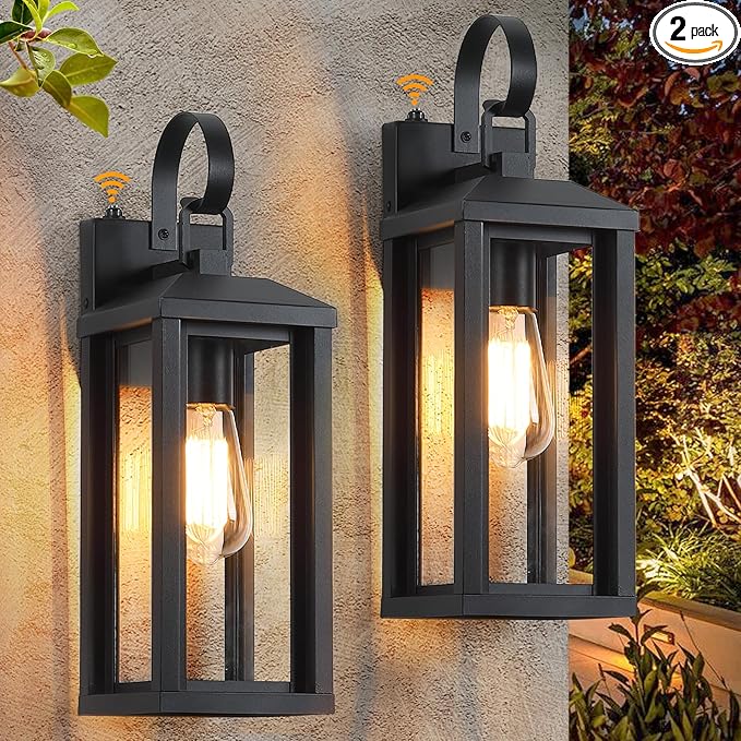 Dusk to Dawn Large Exterior Wall Lights 2-Pack, 17" Waterproof Outdoor Wall Porch Lights Sconces with Tempered Glass, Black Exterior Lighting Fixtures for Garage House, Bulb Not Included