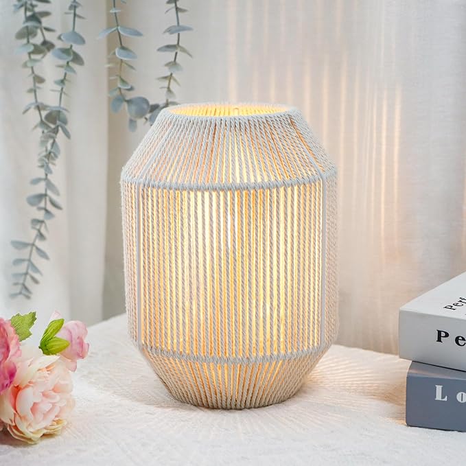 JHY DESIGN Woven Lampshade Table Lamp 8.5" H Cotton Rope Bedside Lamp Cordless Small Battery Operated Lamp Decorative Bedside Lamp with 6 Hours Timer for Bedroom Living Room Weddings Parties Patio