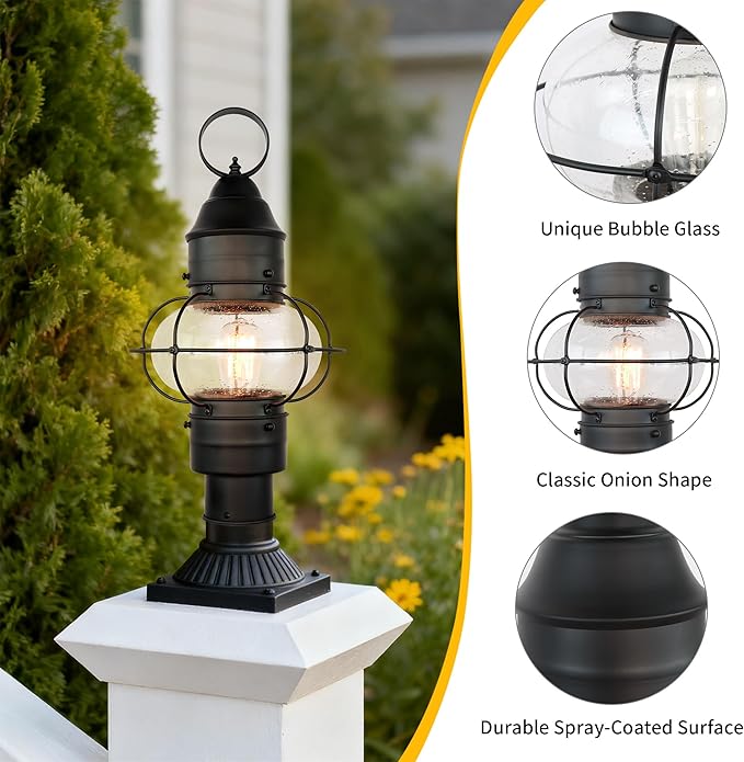 Kalium Outdoor Post Light Hard Wired, Matte Black Lamp Post Light Fixture with Seeded Glass,19" Waterproof Outside Column Lantern for Yard Driveway Patio Garden Walkway Landscape E26 Base Max 60