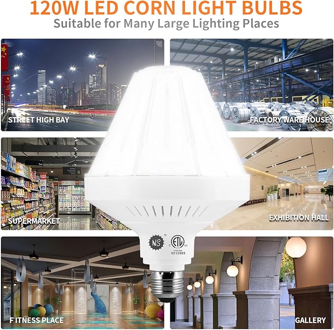1200W Equivalent Led Corn light bulbs,120W 18000 Lumens LED Corn Bulb 5000K Daylight White Lamp,E26 Medium/E39 Mogul Base,2-Pack Large Area Lights For Outdoor Indoor Garage Warehouse High Bay Lighting
