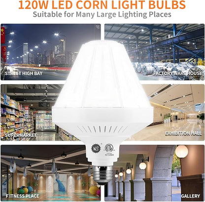 1200W Equivalent Led Corn light bulbs,120W 18000 Lumens LED Corn Bulb 5000K Daylight White Lamp,E26 Medium/E39 Mogul Base,2-Pack Large Area Lights For Outdoor Indoor Garage Warehouse High Bay Lighting