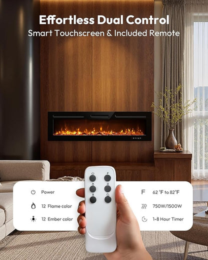 EUHOMY 60 Inch Electric Fireplace Recessed Wall Mounted with Remote Control, Fireplace Heater with Adjustable Flame Color, Linear Fireplace with Timer, Log & Crystal, 750/1500W (2026 Upgrade)