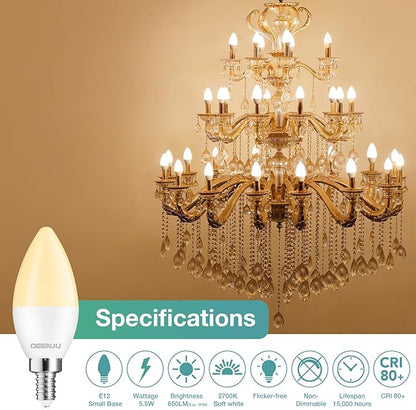 LED Candelabra Light Bulbs 60W Equivalent, Chandelier Light Bulbs Soft White 2700K, E12 LED Bulb, Type B Light Bulb 5.5W, Candelabra Base, 120V, B11 Candle Light Bulb, Non-Dimmable, 10 Pack