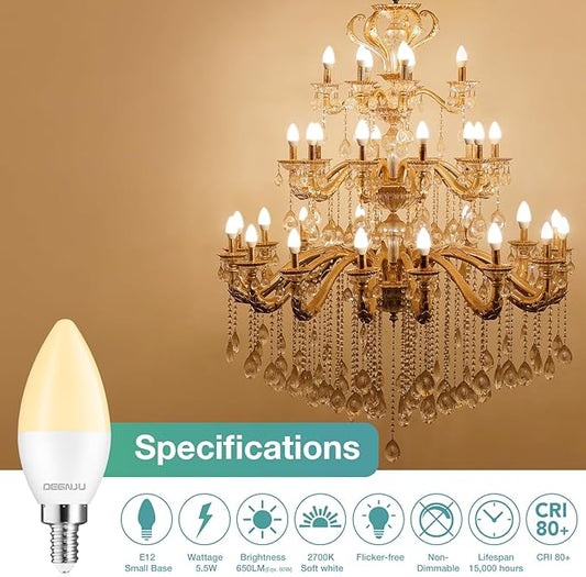 40 Pack LED Candelabra Light Bulbs 60W Equivalent, Chandelier Light Bulbs Soft White 2700K, E12 LED Bulb, Type B Light Bulb 5.5W, Candelabra Base, 120V, B11 Candle Light Bulb, Non-Dimmable