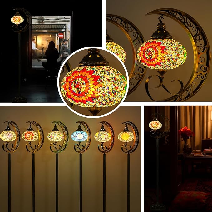 3D Crescent Moon Turkish Floor Lamp - 60 Inch Boho Lamp, 8 Inch Stained Glass Shade, Handmade for Living Room, Bulb Included (Multicolor,YUELFL-01)