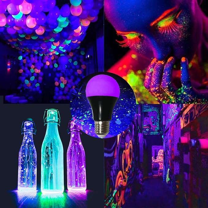 CICINY UV LED Black Light Bulbs 2 Pack, A19 E26 8W Blacklight Bulb for Glow in The Dark, UVA Level 385-400nm, Blacklight Light Bulbs for Parties Body Paint Fluorescent Poster Pet Stains