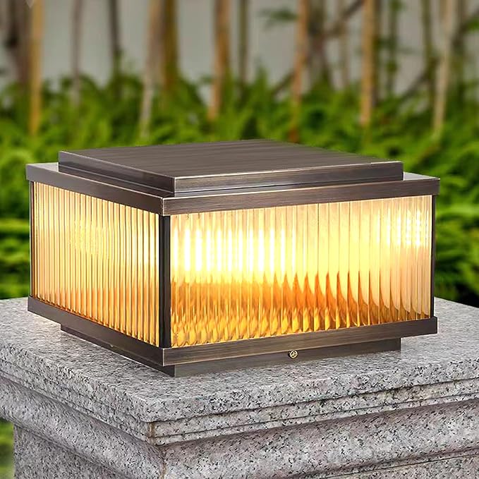 All Copper Steel Glass Outdoor Post lights, Waterproof Pillar Light, Vintage Patio Lawn Column Lamp,outdoor column lights,Deck Lights, Lantern Fence Lamp Fixture E26 Base (Electricity, 12X12IN)