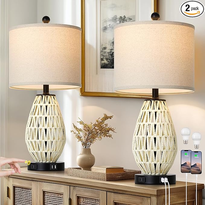 Touch Control Rattan Table Lamps, 3 Way Dimmable Bedside Lamps for Bedroom Set of 2 with 2 USB Ports and AC Outlet, Wicker Nightstand Lamps for Living Room (LED Bulbs Included), White