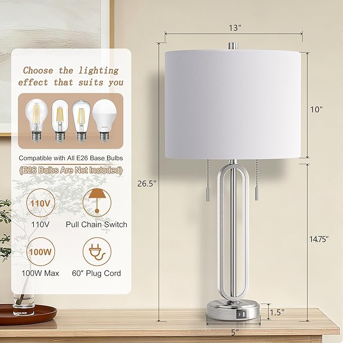 26.5’‘ Industrial Table Lamp Set of 2, Nickel Metal Bedside Lamp with USB C+ A Ports & Pull Chain, Modern Farmhouse Nightstand Lamp for Bedroom, Living Room, Home Office with White Shade