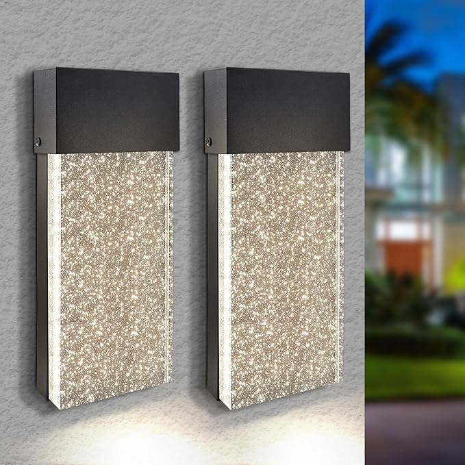 LUXRITE 14-Inch LED Wall Sconce Outdoor Light, 3CCT Selectable 3000K/4000K/5000K, 2000LM, 120V, 20W, IP65 Waterproof, Modern Bubble Glass Light Fixture, ETL Listed, Black (2 Pack)