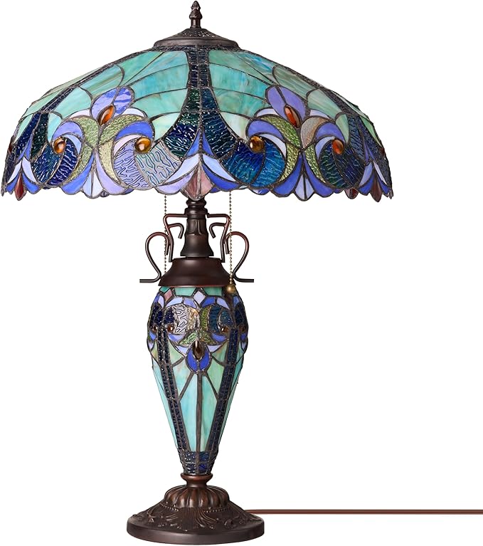 RIVER OF GOODS 24.5" H Halston Double Lit Blue Bowl Shade Stained Glass Table Lamp