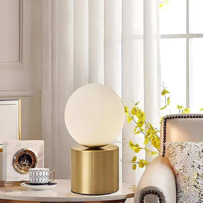 Mid Century Modern Table Lamp with Gold for Bedroom Bedside Night Light White Glass Globe Table Lamp for Bedroom Living Room and Office