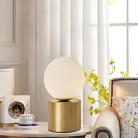 Mid Century Modern Table Lamp with Gold for Bedroom Bedside Night Light White Glass Globe Table Lamp for Bedroom Living Room and Office