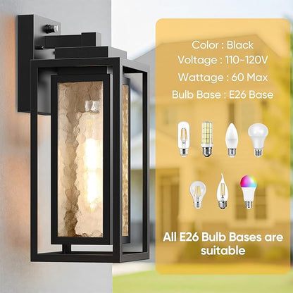 Dusk to Dawn Exterior Porch Light Fixture, Water Ripple Outdoor Wall Lantern Black, 2 Pack Sensor Outside Lantern Lamp, Waterproof Wall Sconce Light, Outside Mount Lamp for Doorway(Bulb Included)