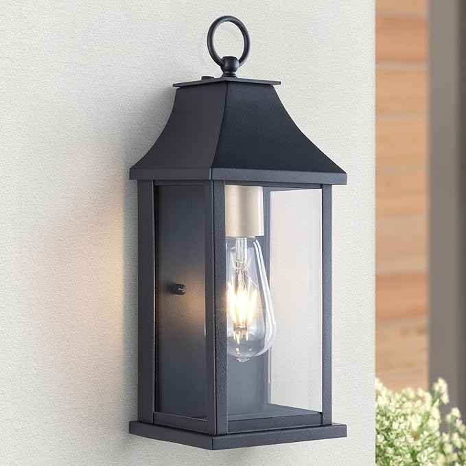Dusk to Dawn Outdoor Wall Lantern, Modern 15" Outside Wall Sconce, Black Outdoor Light Fixture with Glass, Waterproof Exterior Lamp for House Porch Patio