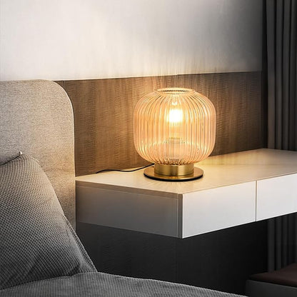 NKU Mid-Century Modern Glass Table Lamp Featuring a Ribbed Glass Shade, Gold-Finished Nightstand or Desk Lamp Ideal for Bedside, Corner Bookshelf, Living Room, or Office (Amber Table Lamp)