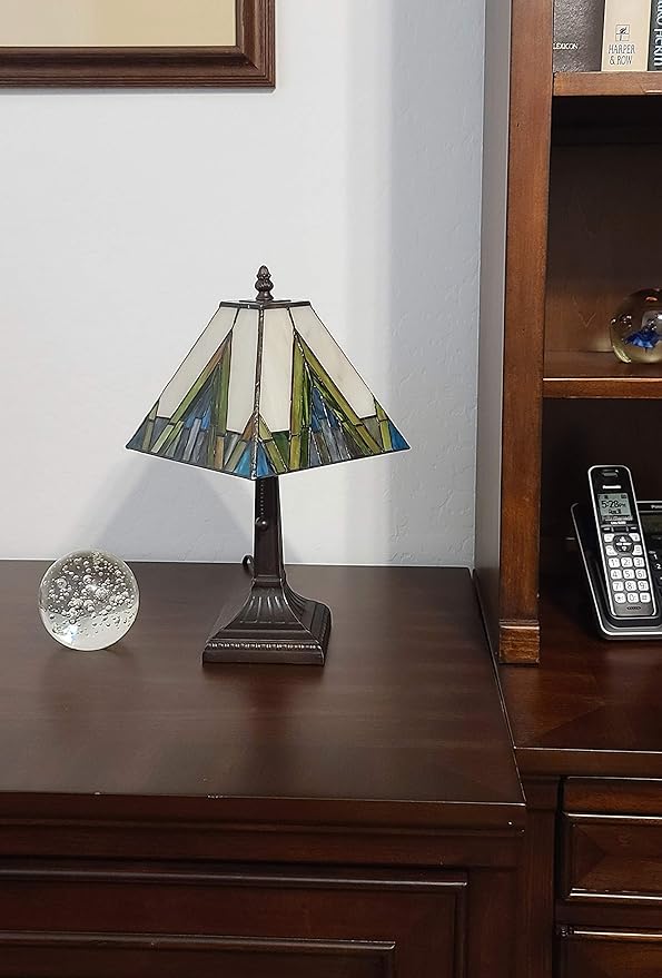Tiffany Style Accent Table Lamp Banker Mission 14.5″ Tall Stained Glass Ivory Green Blue Yellow Antique Living Room Bedroom AM363TL08, Amora Lighting