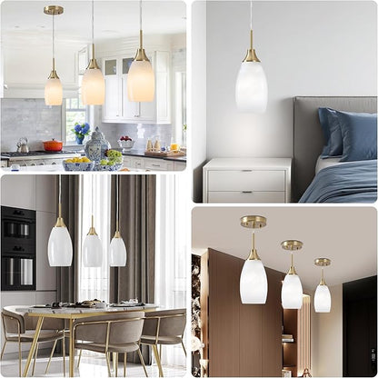 Mini Glass Pendant Light 3-Pack Handblown Art White Swirl Oval Hanging Pendant Lamp 4.72" Glass Chandelier for Kitchen Island Dining Room Living Foyer Hallway Entry Brushed Gold Finish