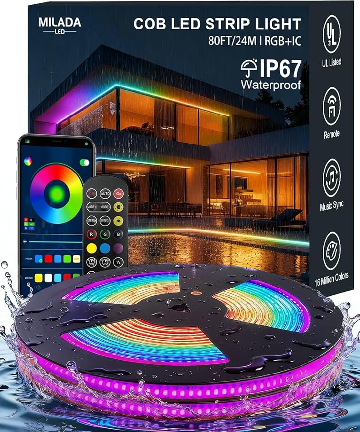 COB LED Strip Lights, RGB Smart IC, IP67 Waterproof, Dimmable 80FT/24M, Color Flowing Tape Light with App Control & Music Sync, Dotless for Outdoor, Patio, Pool & Party Decorations(2 Rolls)