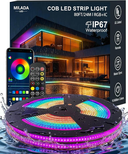 COB LED Strip Lights, RGB Smart IC, IP67 Waterproof, Dimmable 80FT/24M, Color Flowing Tape Light with App Control & Music Sync, Dotless for Outdoor, Patio, Pool & Party Decorations(2 Rolls)