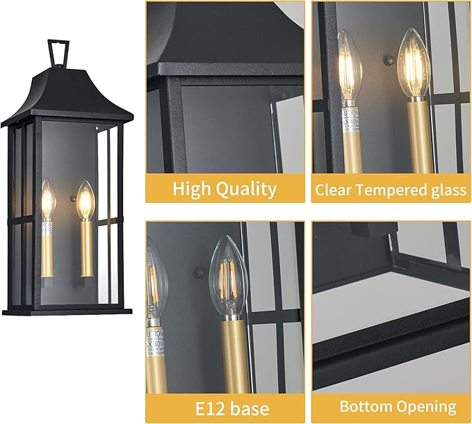 Outdoor Wall Sconce, 20.3" 2-Light in Black with Gold Rectangular Metal Frame and Clear Glass Shade Waterproof Porch Light Patio Light,Bulbs Not Included