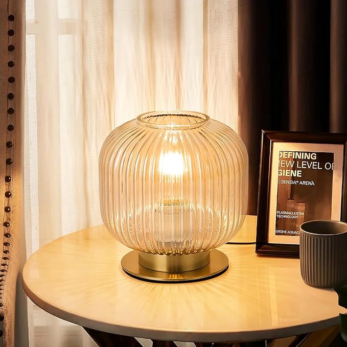 NKU Mid-Century Modern Glass Table Lamp Featuring a Ribbed Glass Shade, Gold-Finished Nightstand or Desk Lamp Ideal for Bedside, Corner Bookshelf, Living Room, or Office (Amber Table Lamp)