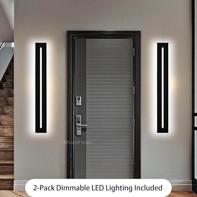 2 Pack Long Outdoor LED Wall Lights 5.1In Wide Exterior Wall Light Fixtures IP65 Waterproof 32Inch Black Dimmable Long Strip Indoor Wall Sconce 3000K-6000K for Patio Porch Balcony