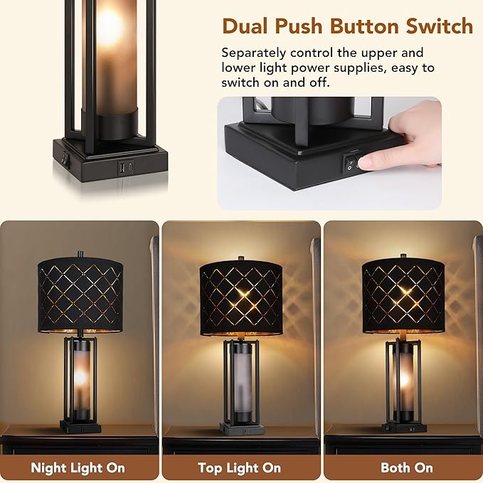 Modern Table Lamp Set of 2, Nightstand Lamps with Black Grid Shade, Bedside Lamps with USB A+C Charging Ports, Decorative Table Lamp, Square Base, Desk Lamps for Living Room, Bedroom, 2 Bulbs Included