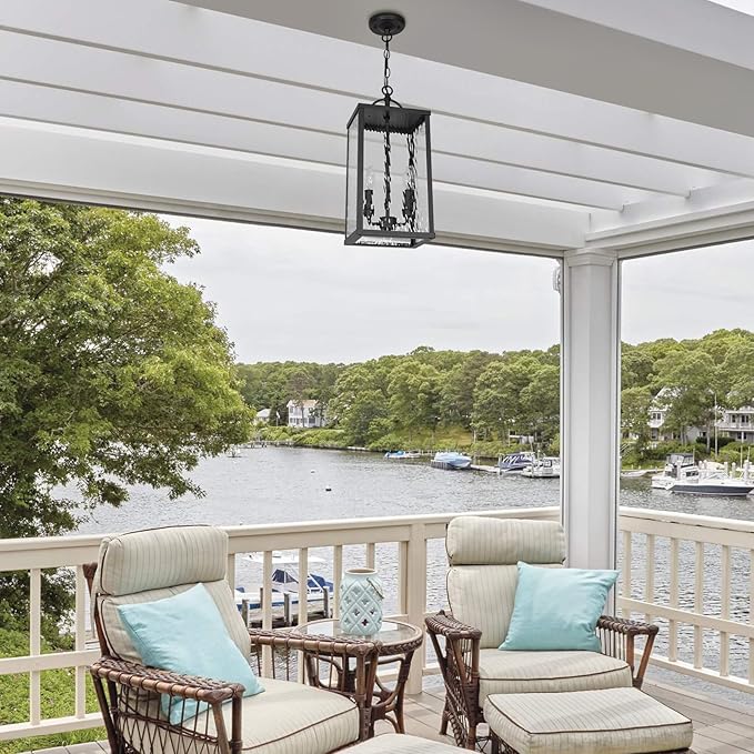 Outdoor Pendant Light, Modern Black Hanging Lantern with Water Ripple Glass, Adjustable Chandelier Exterior Hanging Light Fixture for Front Porch, Patio, Gazebo, Entryway, and Garage