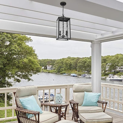 Outdoor Pendant Light, Modern Black Hanging Lantern with Water Ripple Glass, Adjustable Chandelier Exterior Hanging Light Fixture for Front Porch, Patio, Gazebo, Entryway, and Garage