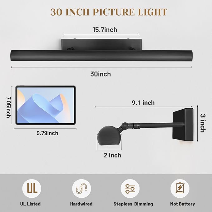 Matte Black Picture Lights for Wall, 30" Linear Picture Light Hardwired, 4-Light Bronze Art Light, Dimmable Gallery Light for Paintings, Warm White 270° Picture Frame Lights for Bathroom, Living Room