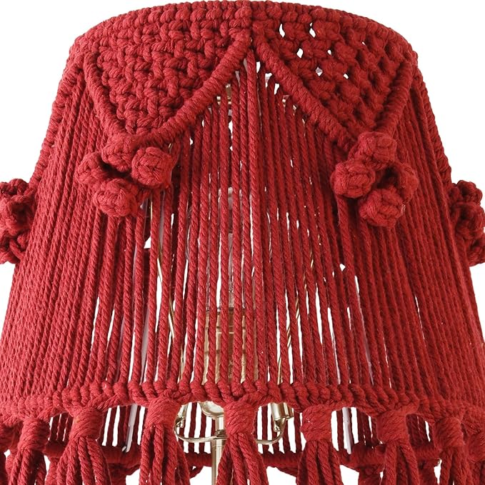 Wine Red Boho Woven Lamp Shade Bell Tassels Lampshade 7.5``Top x 12``Bottom x 11``High(Spider) Medium Handmade Lamp Shades for Table & Bedside Lamp - Easy Assemble