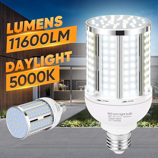 80W LED Corn Light Bulb(2 Pack),(800 Watt Equivalent) Fanless E26/E39 Medium/Large Mogul Base LED Cob Lamp 5000K Daylight 11,600LM for Outdoor Indoor Garage Warehouse Factory Workshop Street Backyard