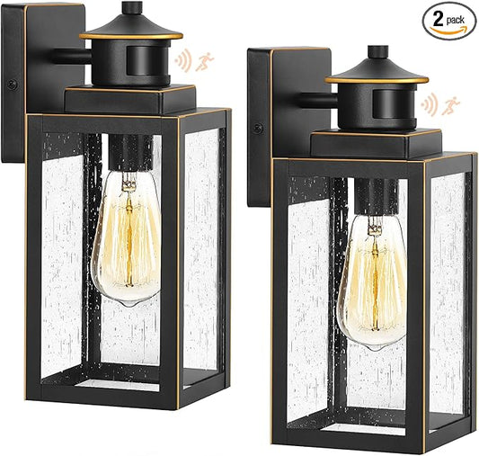BesLowe 2-Pack Motion Sensor Outdoor Wall Lights, Dusk to Dawn Porch Lights Outdoor Sconces with Seeded Glass, Exterior Lighting Fixtures Wall Mount, Outside Lights for House Front Door Garage Patio