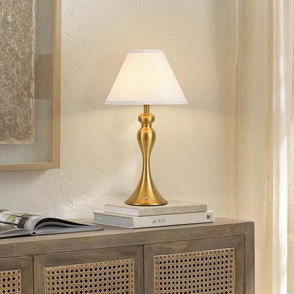 Rechargeable Cordless Table Lamps, Battery Operated Lamp with Fabric Shade for Decor, 3 Color Stepless Dimming LED Table Light, Nightstand Lamp for Nursery, Bedroom, Living Room, Home Office (Brass)