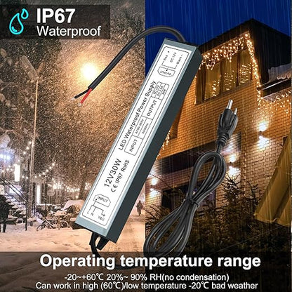 inShareplus 12V 30W Power Supply,LED Driver AC 90-265V to DC 12 Volt 2.5A IP67 Waterproof, Low Voltage Transformer, Outdoor Driver with 3-Prong Plug 3.3 Feet Cable for LED Light, Outdoor Use