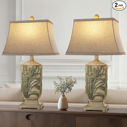 WIHTU 25" Vintage Table Lamps, 3 Color Temperature Rustic Retro Beside Lamp Set of 2, Farmhouse Resin Table Lamp for Living Room Bedroom Nightstands, Rotary Switch, Carved Leaf(2 Bulbs Included)