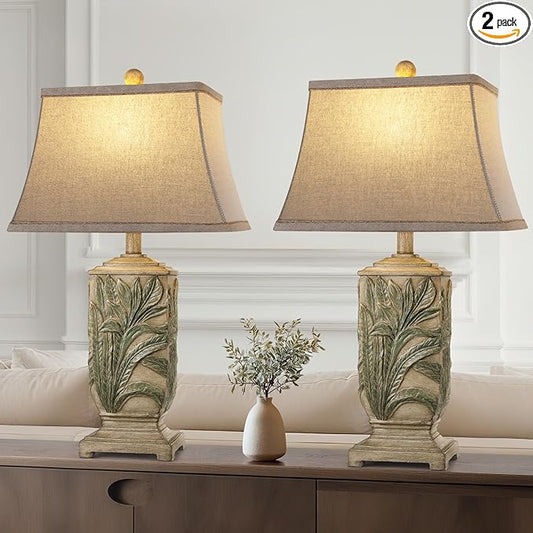 WIHTU 25" Vintage Table Lamps, 3 Color Temperature Rustic Retro Beside Lamp Set of 2, Farmhouse Resin Table Lamp for Living Room Bedroom Nightstands, Rotary Switch, Carved Leaf(2 Bulbs Included)