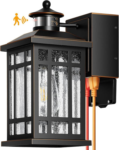 Outdoor Wall Lighting with GFCI Outlet, Modern Black Exterior Light Fixtures with Gold Trim, Aluminum Anti-Rust Outside Lights for House, Porch, Garage, Adjustable Sensitivity & Brightness
