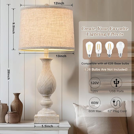 Farmhouse Table Lamp Set of 2 for Bedroom Living Room with USB A+C, 28" Tall Vintage Rustic Traditional Nightstand Bedside Lamps Retro Side Table Lamps, Rotary Switch, Washed White, Bulb not included