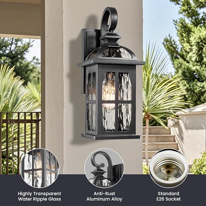 Exterior Wall Sconce Outdoor Waterproof Wall Lights Fixtures Water Ripple Glass Shade 22 Inch Height Black Outdoor Wall Lamps for Patio Yard Garage Doorway