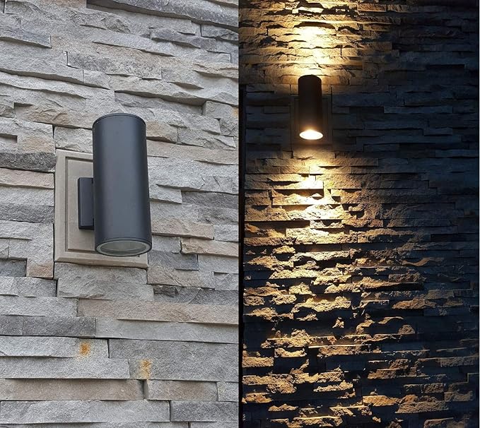 Outdoor Wall Light, Exterior Lighting with Dusk to Dawn Sensor - 2 Light Bulbs Included, Aluminum Waterproof Wall Mount Cylinder Design - Up Down Light Fixture for Porch, Backyard and Patio