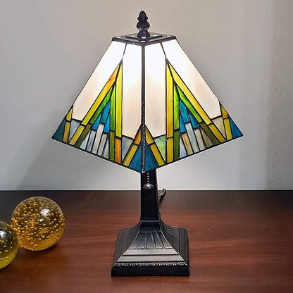 Tiffany Style Accent Table Lamp Banker Mission 14.5″ Tall Stained Glass Ivory Green Blue Yellow Antique Living Room Bedroom AM363TL08, Amora Lighting
