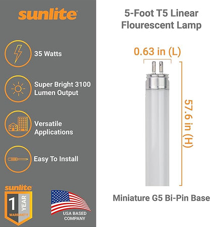 Sunlite 30395 F35T5/865 5 Foot T5 Linear Fluorescent Lamp, 35 Watts, 3100 Lumens, 6500K Daylight, Miniature G5 Bi-Pin Base, ROHS Compliant, High Performance Straight Tube, 40 Pack