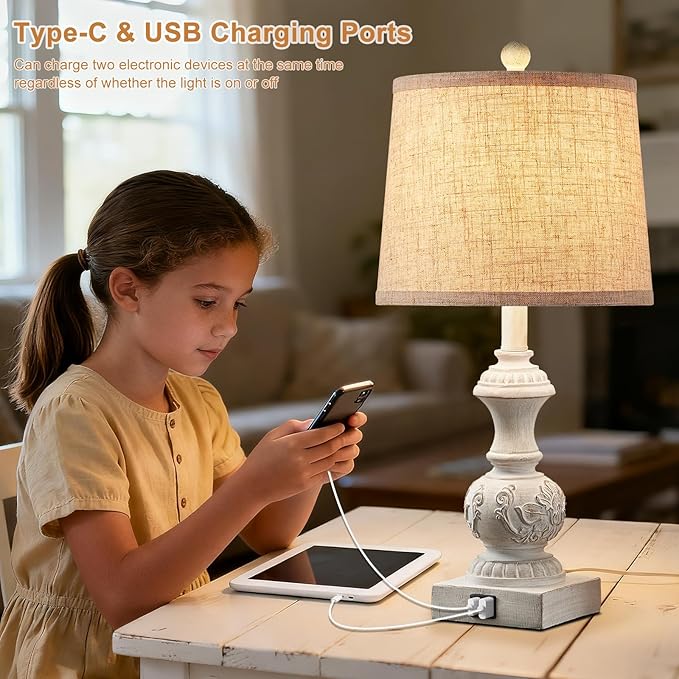 23.5" Set of 2 Farmhouse Table Lamps for Bedroom Bedside Lamp with USB A+C Ports Vintage Nightstand Lamps Antique Carved Floral Side Table Lamp for Living Room Office, White, Bulb Not Include