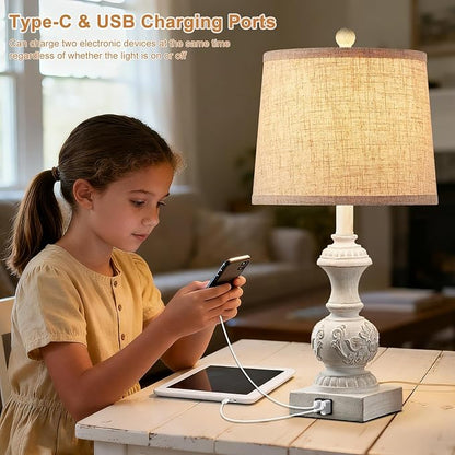23.5" Set of 2 Farmhouse Table Lamps for Bedroom Bedside Lamp with USB A+C Ports Vintage Nightstand Lamps Antique Carved Floral Side Table Lamp for Living Room Office, White, Bulb Not Include
