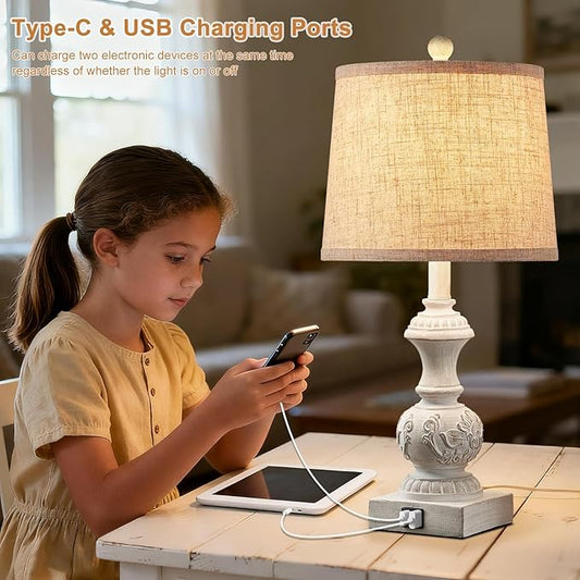 23.5" Set of 2 Farmhouse Table Lamps for Bedroom Bedside Lamp with USB A+C Ports Vintage Nightstand Lamps Antique Carved Floral Side Table Lamp for Living Room Office, White, Bulb Not Include