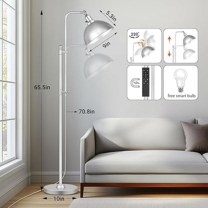 PARTPHONER Industrial Floor Lamp Adjustable, Farmhouse Reading Lamp in Silver Finish Modern Standing Lamp with Remote Control Metal Shade for Living Room Bedroom Study Room Office Hotel