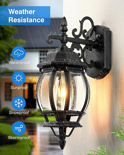 VIANIS Exterior Lighting Fixtures for House, Black Dusk to Dawn Front Porch Light Wall Mount with Tempered Bevel Glass, 100% Aluminum Waterproof Outdoor Wall Sconce Lantern for Garage Patio, Anti-Rust