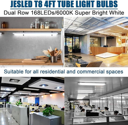 JESLED 4FT LED T8 Type A+B Tube Lights, 24W(65W Equivalent), 3200LM, 5000K, Single or Double End Powered, Plug and Play or Ballast Bypass, 4 Foot T10 T12 Fluorescent Bulbs Replacement, Clear(16-Pack)